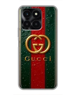 Чехол для Huawei Honor X6a с картинкой «Gucci — фирменная полоса и золото»