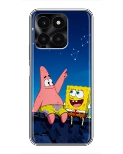 Чехол для Huawei Honor X6a с картинкой «Губка Боб и Патрик ночью»