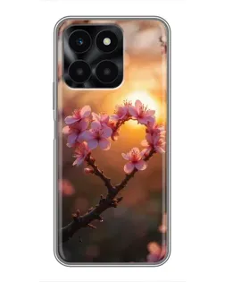 Чехол для Huawei Honor X6a с картинкой «Розовый цвет сердце на фоне заката»