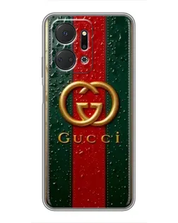 Чехол для Huawei Honor X7a с картинкой «Gucci — фирменная полоса и золото»