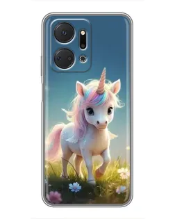 Чехол для Huawei Honor X7a с картинкой «Единорог на поляне»