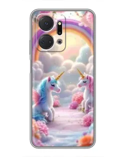 Чехол для Huawei Honor X7a с картинкой «Радуга и единороги»