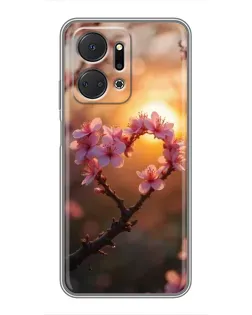 Чехол для Huawei Honor X7a с картинкой «Розовый цвет сердце на фоне заката»