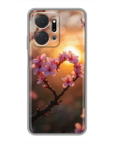 Чехол для Huawei Honor X7a с картинкой «Розовый цвет сердце на фоне заката»