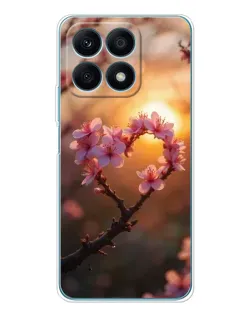 Чехол для Huawei Honor X8a с картинкой «Розовый цвет сердце на фоне заката»
