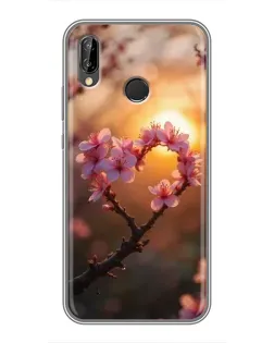 Чехол для Huawei P Smart 2019 с картинкой «Розовый цвет сердце на фоне заката»