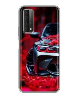 Чехол для Huawei P Smart 2021 с картинкой «Спортивная BMW и цветы»