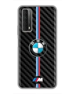 Чехол для Huawei P Smart 2021 с картинкой «Эмблема BMW и карбон»
