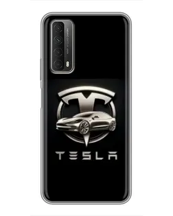 Чехол для Huawei P Smart 2021 с картинкой «Tesla — серебристое авто»