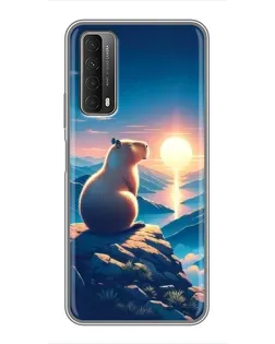 Чехол для Huawei P Smart 2021 с картинкой «Закат солнца с капибарой»