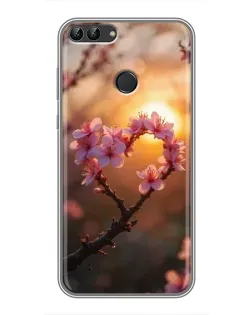 Чохол для Huawei P Smart (Enjoy 7s, FIG-LA1) з картинкою «Рожевий цвіт  сердечко на тлі заходу»
