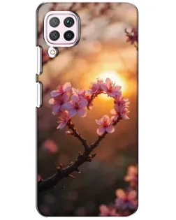 Чохол для Huawei P40 Lite з картинкою «Рожевий цвіт  сердечко на тлі заходу»