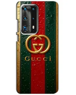 Чехол для Huawei P40 с картинкой «Gucci — фирменная полоса и золото»