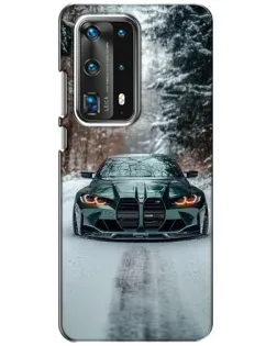 Чехол для Huawei P40 с картинкой «BMW в зимнем лесу»