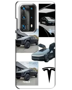 Чехол для Huawei P40 с картинкой «Коллаж Cybertruck Tesla»