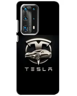 Чехол для Huawei P40 с картинкой «Tesla — серебристое авто»