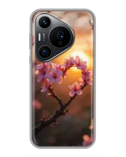Чохол для Huawei Pura 70 PRO з картинкою «Рожевий цвіт  сердечко на тлі заходу»