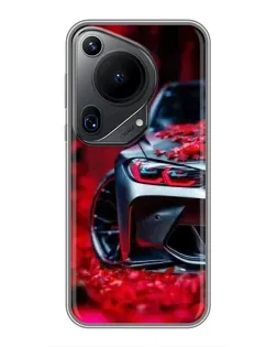 Чехол для Huawei Pura 70 Ultra с картинкой «Спортивная BMW и цветы»