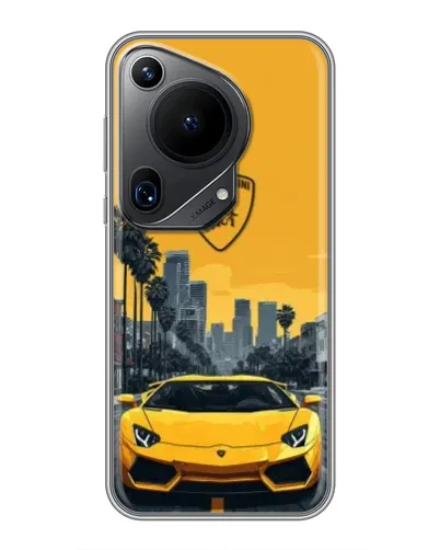 Чехол для Huawei Pura 70 Ultra с картинкой «Желтый Lamborghini город»
