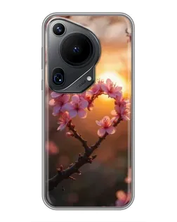 Чохол для Huawei Pura 70 Ultra з картинкою «Рожевий цвіт  сердечко на тлі заходу»