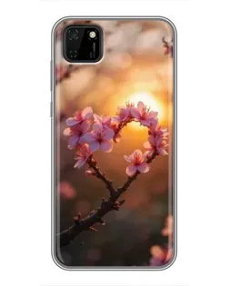 Чохол для Huawei Y5p з картинкою «Рожевий цвіт  сердечко на тлі заходу»