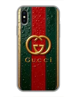 Чехол для iPhone X с картинкой «Gucci — фирменная полоса и золото» Чехол для iPhone X с картинкой «Gucci — фирменная полоса и золото»