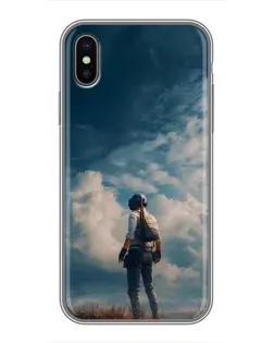 Чохол для iPhone X з картинкою «Герой PUBG на скелі»