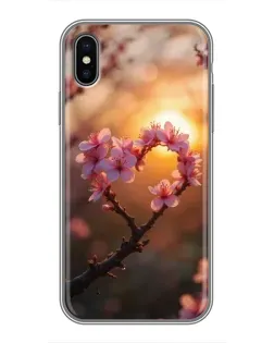 Чохол для iPhone X з картинкою «Рожевий цвіт  сердечко на тлі заходу»