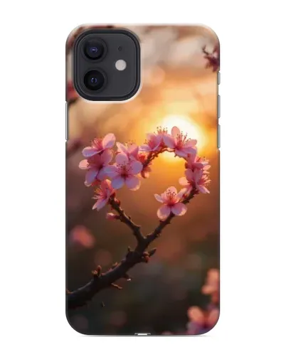 Чохол для iPhone 12 mini з картинкою «Рожевий цвіт  сердечко на тлі заходу»