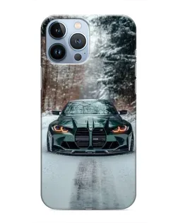 Чехол для iPhone 13 Pro с картинкой «BMW в зимнем лесу»