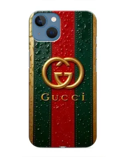 Чехол для iPhone 13 с картинкой «Gucci — фирменная полоса и золото»