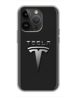Чохол для iPhone 14 Pro Max з картинкою «Сталевий логотип Tesla»