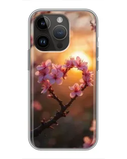 Чохол для iPhone 14 Pro Max з картинкою «Рожевий цвіт  сердечко на тлі заходу»