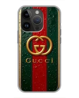 Чохол для iPhone 14 Pro з картинкою «Gucci — фірмова смуга та золото» Чохол для iPhone 14 Pro з картинкою «Gucci — фірмова смуга та золото»