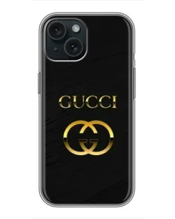 Чехол для iPhone 14 с картинкой «Золотой логотип Gucci»