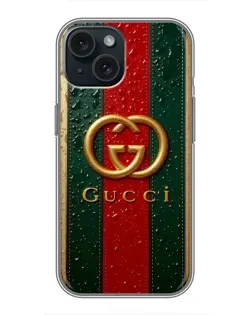 Чохол для iPhone 14 з картинкою «Gucci — фірмова смуга та золото»