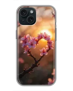Чохол для iPhone 14 з картинкою «Рожевий цвіт  сердечко на тлі заходу»