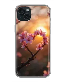 Чохол для iPhone 14 Plus з картинкою «Рожевий цвіт  сердечко на тлі заходу»
