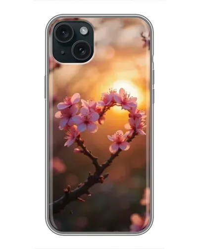 Чохол для iPhone 14 Plus з картинкою «Рожевий цвіт  сердечко на тлі заходу»