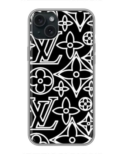 Чохол для iPhone 15 Plus з картинкою «Чорно-білий візерунок LV»