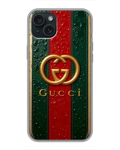 Чохол для iPhone 15 Plus з картинкою «Gucci — фірмова смуга та золото» Чохол для iPhone 15 Plus з картинкою «Gucci — фірмова смуга та золото»