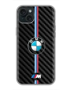 Чохол для iPhone 15 Plus з картинкою «Емблема BMW та карбон»