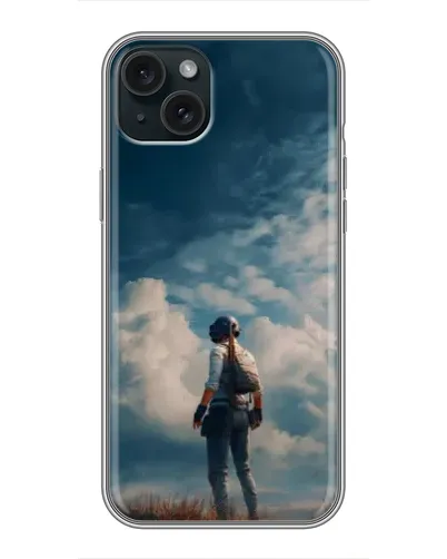 Чохол для iPhone 15 Plus з картинкою «Герой PUBG на скелі»