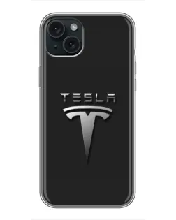 Чохол для iPhone 15 Plus з картинкою «Сталевий логотип Tesla»
