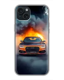 Чохол для iPhone 15 Plus з картинкою «Audi у вогняному диму»