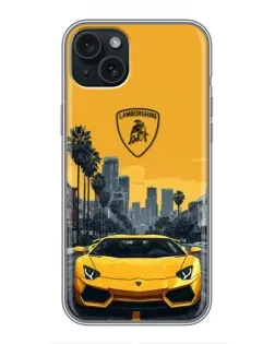 Чохол для iPhone 15 Plus з картинкою «Жовтий Lamborghini місто»
