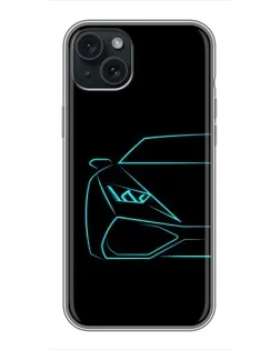 Чохол для iPhone 15 Plus з картинкою «Блакитний силует Lamborghini»