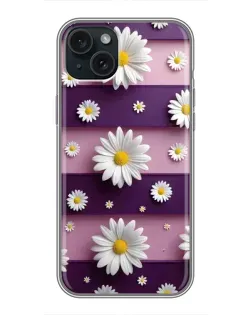 Чохол для iPhone 15 Plus з картинкою «Ромашки на фіолетовому»