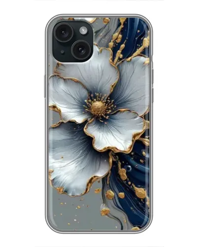 Чохол для iPhone 15 Plus з картинкою «Біла квітка та золотий флюїд»