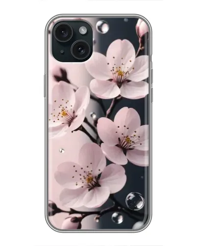 Чехол для iPhone 15 Plus с картинкой «Нежная сакура и капли» Чехол для iPhone 15 Plus с картинкой «Нежная сакура и капли»